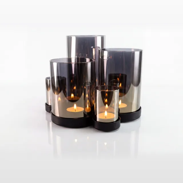 Studio RAR Kaarsenhouder Eclipse - Smokey glas Windlicht - Zwart stalen basis - Voor 6 kaarsen