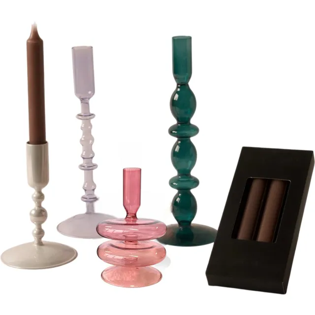 Winq Kleurige Kandelaren in diverse Tinten - Inclusief gratis doosje dinerkaarsen (4stuks) -Kandelaren glas - Set bestaande uit 4 stuks – Decoratie woonkamer - Dinerkaarsen Off White