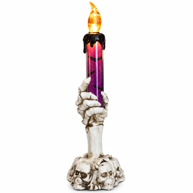 SWGOTA led kaarsen voor Halloween - grote paarse kaarslamp met warm licht, skelethand en schedelvoet - verpakking 6 x 6 x 21,5 cm