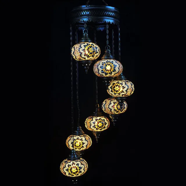 Halay Hanglamp - bruin - mozaïek - 7 bollen - 135 cm - Turkse lamp met E-14 fitting Bruin, gekleurd glas.