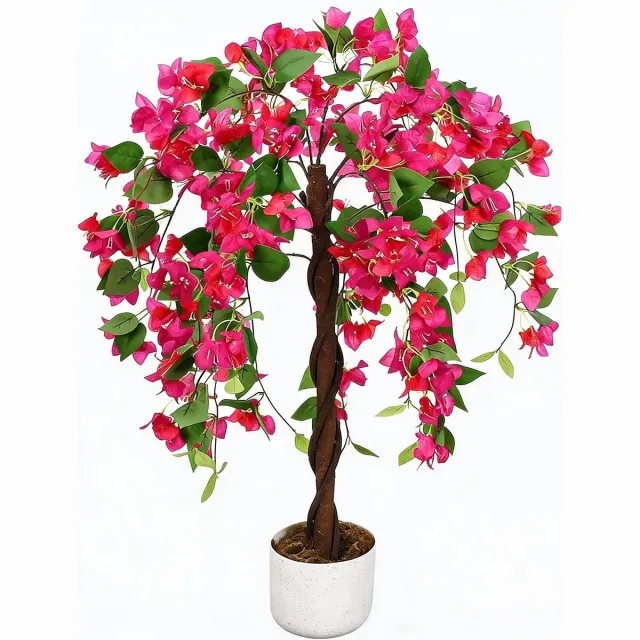 Triumpunpre professionele kunstbuganvilla, 90cm roze natuurhout stam met polyester bloemen en verzwaarde cementen pot voor binnen en buiten