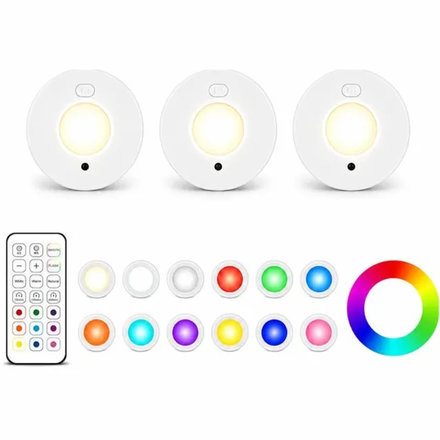 KZQ 3-delige ronde zuignapverlichtingsset - Keukenkastverlichting - IJshockeylamp - Kijkgaatjeslamp - Met afstandsbediening - Magnetisch - Warm wit/Natuurlijk wit/Koel wit + 9 statische RGB-kleuren + 2 dynamische modi