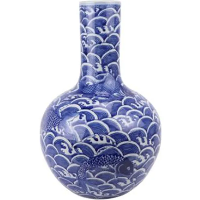 Fine Asianliving Grote Chinese Vaas Blauw Wit Koi Vissen Handgeschilderd L28xH43cm