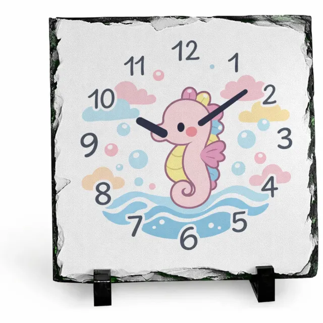 Mr Cadeautjes Leisteen vierkant 15 x 15 - design Onderwaterklok met een schattige zeepaardje-illustratie | cadeau Wit