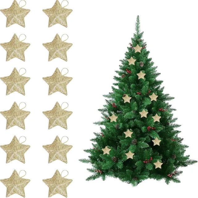KZQ 12 Stuks Gouden kerstboomsterornament - Mini ster hangend ornament - Sprankelende decoratie - Kerstdecoratie - Geschikt voor kerstfeestdecoraties - 5 x 5cm