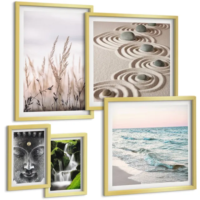 TULUP 5-Delige Schilderij Set - Rustgevende natuur, kalmte van het water en harmonie van Zen. - 50 x 50 cm, 20 x 30 cm en 40 x 60 cm - Muurdecoratie - Wanddecoratie - Hal Gouden lijst