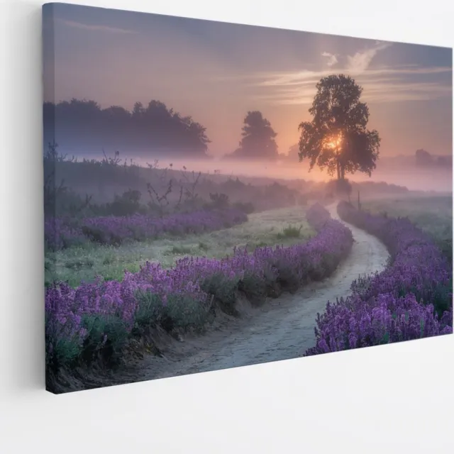 Saammp Canvas Schilderij - Lavendelveld met mist - Natuur - Landschap - 120x80 - Foto op canvas - Wanddecoratie - Muurdecoratie Woonkamer - Slaapkamer decoratie - Canvas Print Multicolor