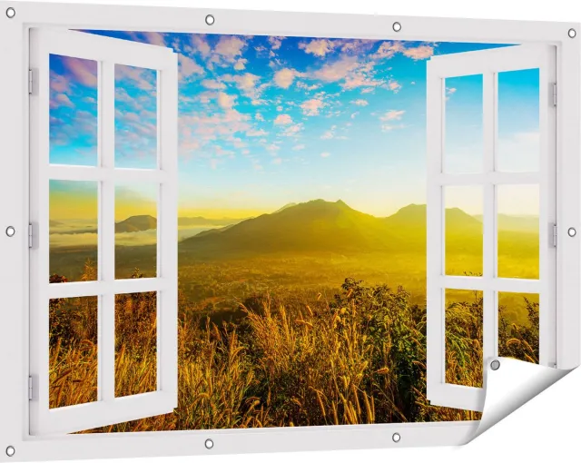 Gards Tuinposter Doorkijk Bergen met Mist in Thailand - 120x80 cm - Tuindoek - Tuindecoratie - Wanddecoratie buiten - Tuinschilderij Wit