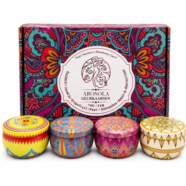 Arosola® Nature’s Harmony Geurkaarsen Set - 4 stuks - 4 Luxe natuurlijke geuren - 50 Branduren - Cadeaudoos