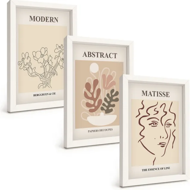 TULUP 3-Delige Schilderij Set - Plantenmotieven en lijnen in een moderne stijl - 20x30 - Wanddecoratie - Moderne Interieurdecoratie - Moderne Wanddecoratie Witte lijst