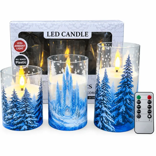 SWGOTA led kaarsen set van 3 met winters sneeuwdecor, cilindervorm en warm vlameffect, inclusief afstandsbediening, op batterijen, zonder batterijen, in vensterdoos Bruin