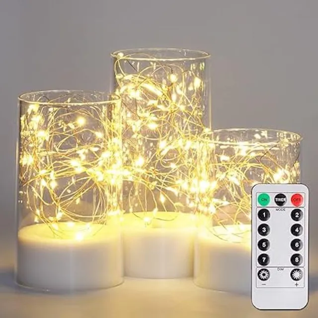 Moli Shop Denfone LED Kaarsen 3 stuks-Glimmend kaarsen Batterijkaarsen-afstandsbediening en timer-Glas Glinsterend