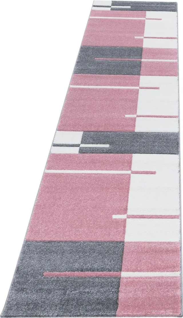 Ayyildiz Kortpolig vloerkleed, geruit patroon, roze, woonkamerkleed, jute achterkant, afmeting: 80 x 300 cm