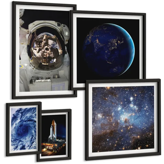 Coloray 5-Delige Schilderij Set - Ontdekkingen In De Ruimte: Beelden Van Het Universum En Astronauten - 50 x 50 cm, 20 x 30 cm En 40 x 60 cm - Decoratieve Muurdecoratie - Slaapkamer - Moderne Wanddecoratie Zwarte lijst