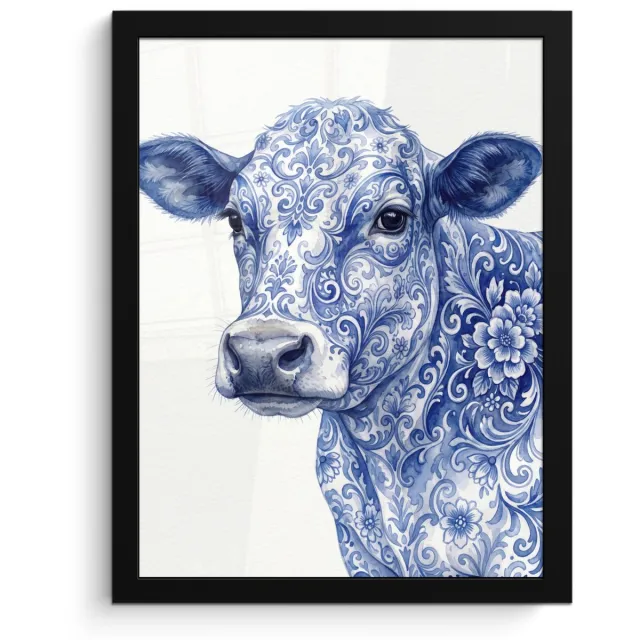 FrameYourWall Poster in lijst - Fotolijst 30x40 cm - Posters - Illustratie - Koe - Blauw - Posterlijst zwart - Decoratie - Wanddecoratie woonkamer - Muurdecoratie slaapkamer