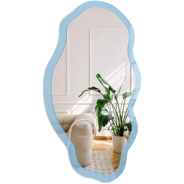Coloray Blauwe Kleur Spiegel - Blauw Rechthoekige Spiegel Met Modern Design - Organische Spiegel - Slaapkamer, Woonkamer, Kantoor - Minimalistisch - 45x90 cm - Totale afmeting 52x97 cm