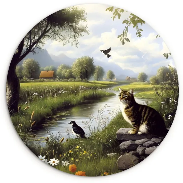WallCircle Wandcirkel 60x60 cm - Muurcirkel Kat - Beekje - Weide - Muurdecoratie woonkamer - Wanddecoratie slaapkamer - Kamer decoratie accessoires - Ronde schilderijen Kat - Natuur