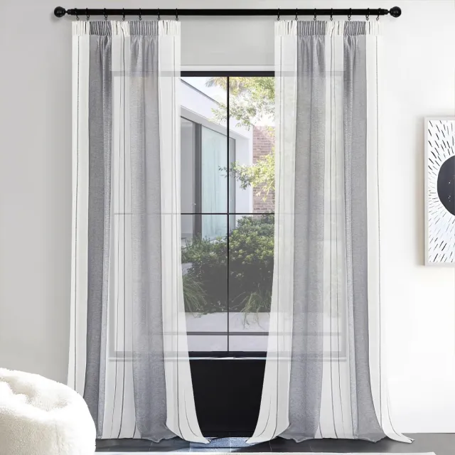 Unyqoos Grote set van 2 half transparante grijs-witte gestreepte gordijnen met plooiband 260x140 cm Grijs wit strepen