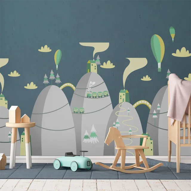 Ambiance Sticker Scandinavische bergstickers met heteluchtballonnen in wedstrijd, 80 x 120 cm Multi color