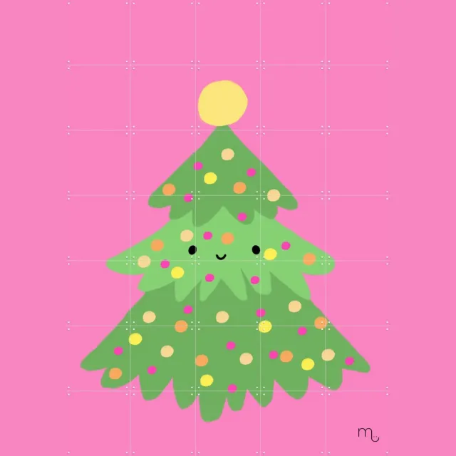 IXXI Kerstboom, Stadse Spruiten | door Miek illustreert - 100 x 140 cm - Grote wanddecoratie en posters - Cartoonesk, Speels, Illustraties, Digitale Roze / Groen