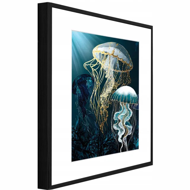 WALLARENA Schilderij met reliëf en passe-partout 90x60 cm - zwarte lijst - gouden kwal - wanddecoratie voor woonkamer en slaapkamer Blauw