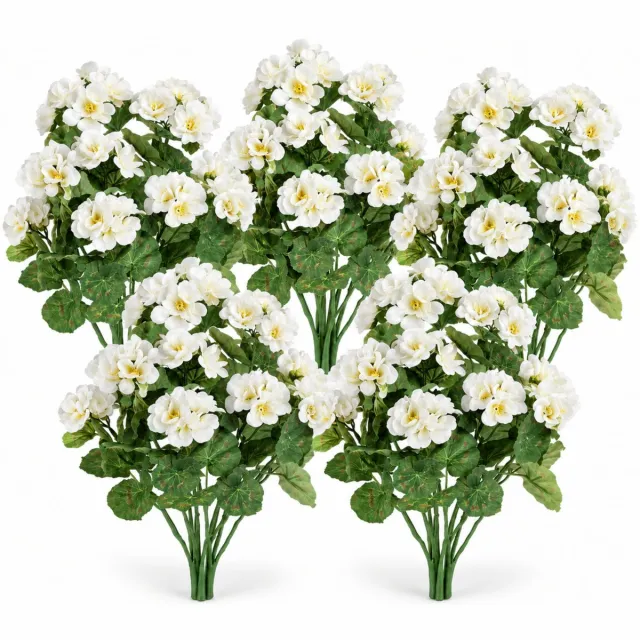 ROSIFY Kunstbloemen Kunst Geraniums voor buiten – 5 Bosjes – 36 cm – Kunstbloemen voor Bloembak, Balkon, Tuin & Interieur - Wit Wit 5