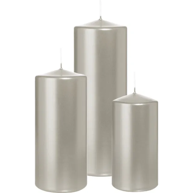 Wiedemann Cilinderkaarsen/stompkaarsen - set van 3 - metallic zilver - 6x12/7x15/7x20 cm