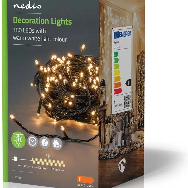 Nedis Kerstverlichting - Koord - 180 LED's - Warm Wit - 13.50 m - Licht effecten: 7 - Binnen & Buiten - Netvoeding