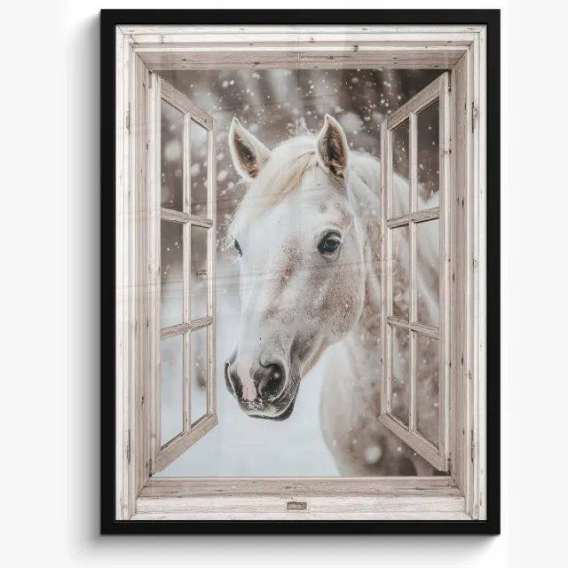 FrameYourWall Poster in lijst - Fotolijst 50x70 cm - Posters - Paard - Wit - Winter - Sneeuw - Doorkijk - Dieren - Posterlijst zwart - Decoratie - Wanddecoratie woonkamer - Muurdecoratie slaapkamer