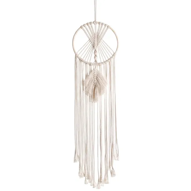 NUVEX Beige wit dromenvanger wand decoratie hanger rond met macramé patroon en lange franje voor dames en heren muur ophanging bohemian stijl handgemaakt ornament slaapkamer woonkamer