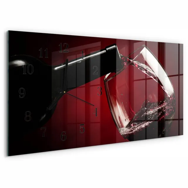 TULUP Wandklok - Wijnglas Glazen Klok Met Print - 60x30 cm - Rood Moderne Glazen Wandklok - Zwarte Handen - Rechthoekige Wandklok - Moderne Wandklok Glas - Wandklok Glas Decoratie Rood - Wijnglas