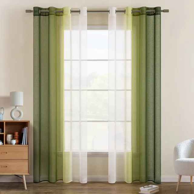 Ibenzoa Transparante Tweekleurige Voile Gordijnen Met Ogen Voor Slaapkamer Raamdecoratie - Set Van 2 Stuks Olijfgroen