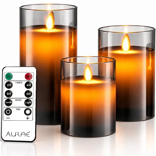 Aurae Led Kaarsen met Bewegende Vlam - 3x - Echte Wax - Afstandsbediening - 250+ Branduren - op Batterijen - Flikkerende Vlam - Timer - Kerst Kaarsen Grijs • Bewegende Vlam