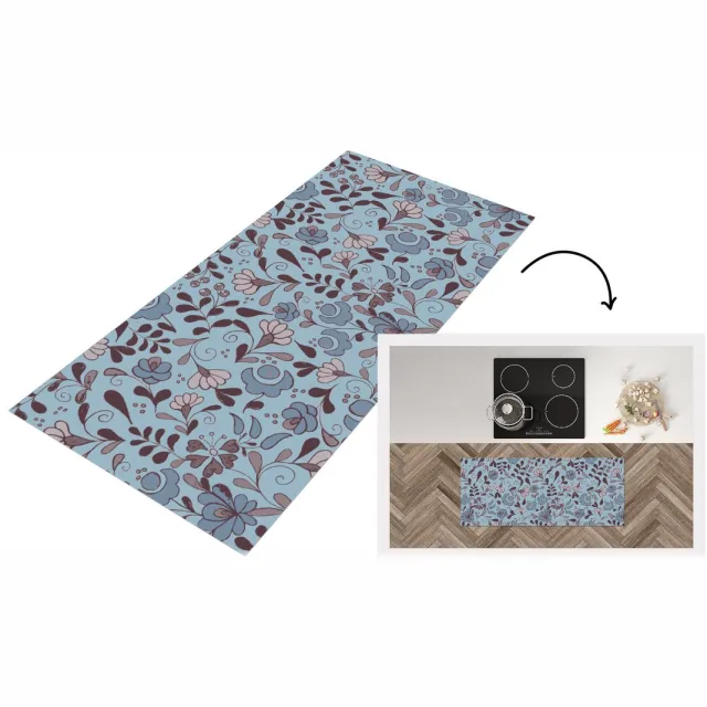 KitchenYeah Keukenloper 120x50 cm - Keukenmat vinyl Patroon - Bloem - Grijs - Blauw - Keukenmatten loper - Keuken vloerkleed tapijt