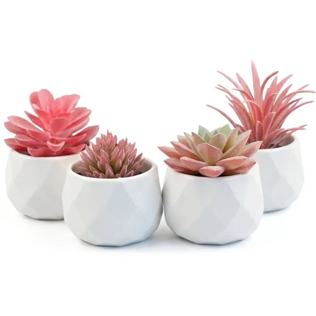 NUVEX Roze groene kunstplanten vetplanten in witte potten 4 stuks – mini kunst planten met verschillende bladvormen – decoratieve nep planten voor bureau vensterbank boekenplank slaapkamer kantoor en badkamer