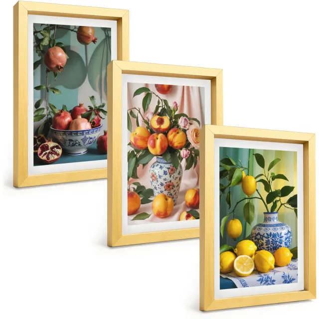 TULUP 4-Delige Schilderij Set - Granaatappels, perziken en citroenen in vazen - 20 x 30 cm - Stijlvolle Wanddecoratie - Interieur - Decoratieve Schilderijen Gouden lijst