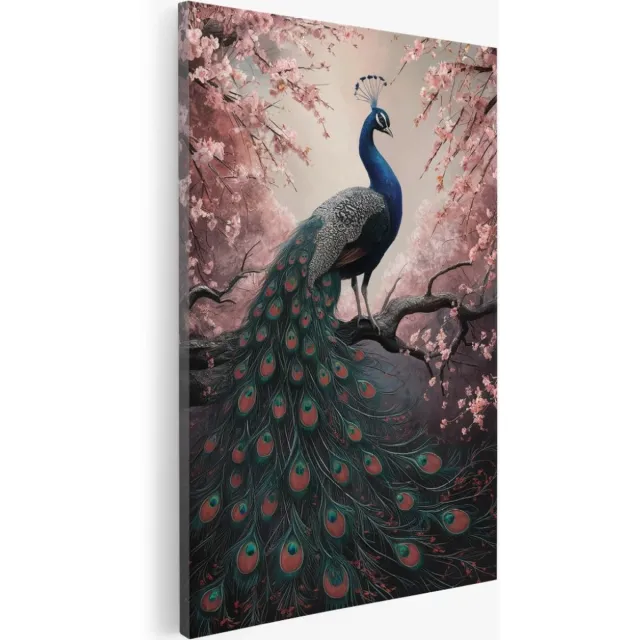 Saammp Canvas Schilderij - Roze bloesem met pauw - Abstract - Bloemen - 30x40 - Foto op canvas - Wanddecoratie - Muurdecoratie Woonkamer - Kantoor Decoratie Multicolor