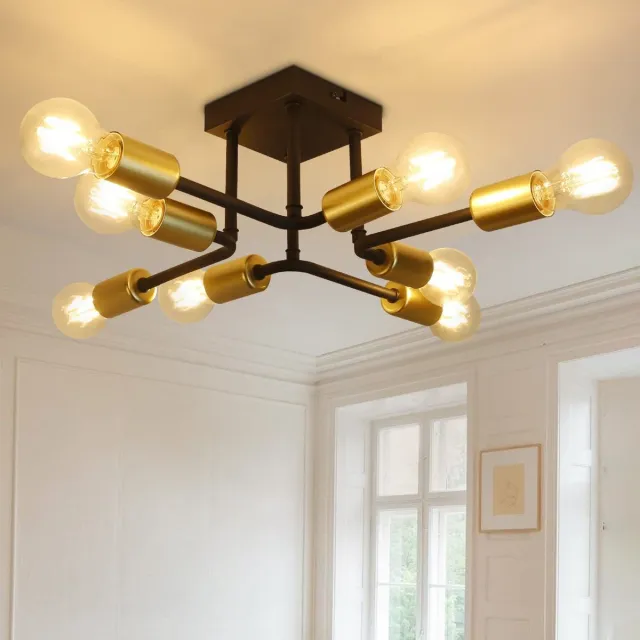 NETTLIFE Plafondlamp - E27 Fitting - Vintage - 8-Lichts - Zwart en Goud - Metalen Plafondverlichting - 48.5cm Woonkamerlamp - voor Slaapkamer - Keuken | Gang - Max. 25W-excl. lichtbron