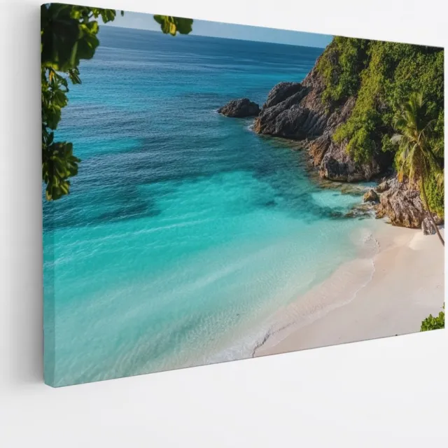 Saammp Canvas Schilderij - Strand tussen de Rotsen - Zee - 100x75 - Foto op canvas - Wanddecoratie - muurdecoratie Woonkamer - Slaapkamer decoratie - Canvas Print Multicolor