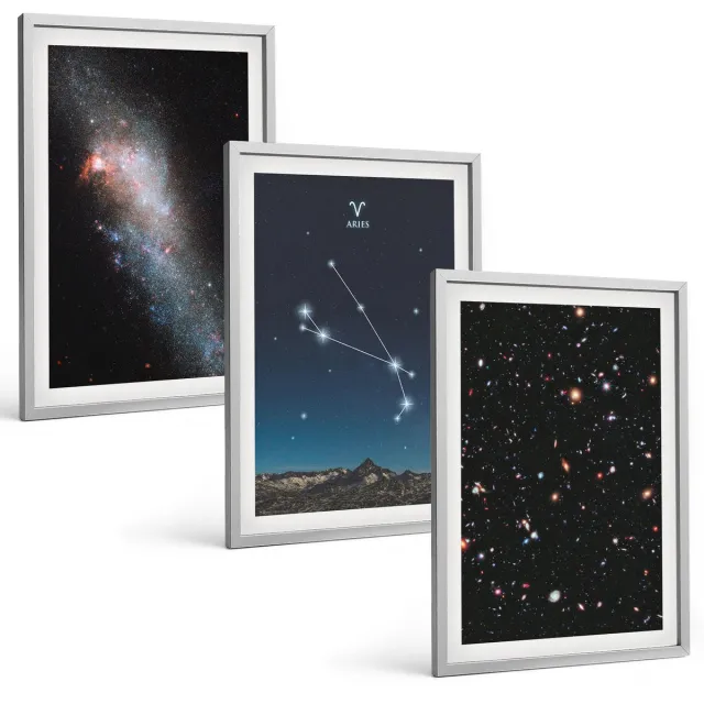 TULUP 4-Delige Schilderij Set - Kosmische landschappen van sterrenstelsels en dierenriemconstellaties Ram - 40 x 60 cm - Muurdecoratie - Interieur Decoratie - Woonkamer Decoratie Zilveren lijst