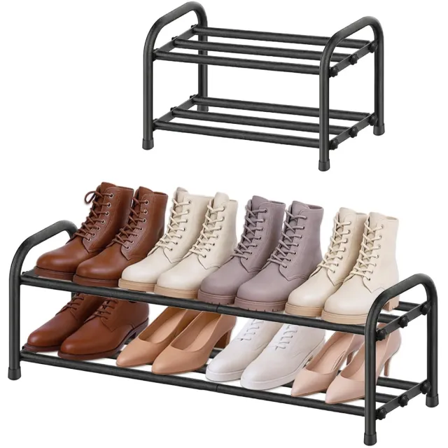 Famanu Uitschuifbaar schoenenrek 2 niveaus, zwart metaal, smal en klein, breedte 43-78 cm