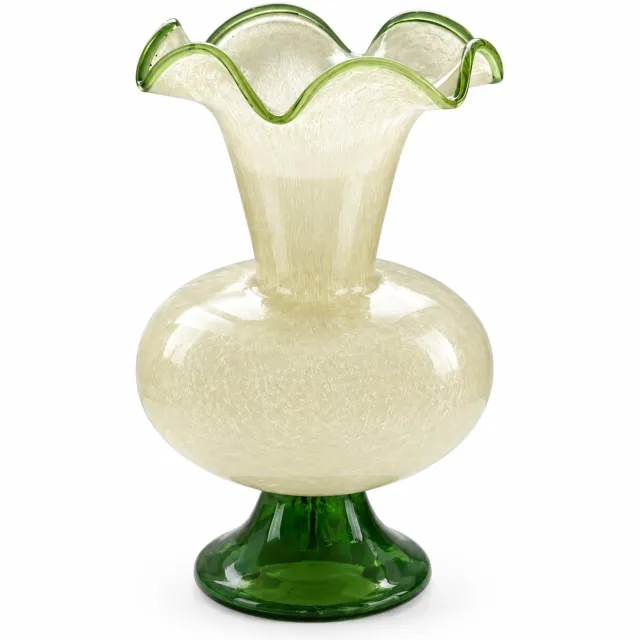 SWGOTA Glazen vaas op hoge voet met golvende sierrand, crèmekleurig met groen, voor kunstbloemen en tafeldecoratie, in kartonnen doos