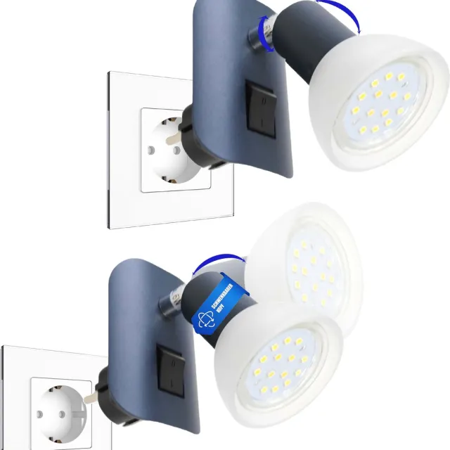 Trango Set van 2 led-stekkers 11-245 *CALI* in antraciet mat met glazen kap Stekkerlamp incl. 1x GU10 LED-lamp 3000K warm wit & tuimelschakelaar leeslamp, keukenlamp, fittinglamp, wandlamp Aantraciet mat