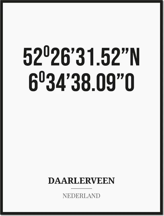 Studio216 Poster/kaart DAARLERVEEN met coördinaten zwart, wit