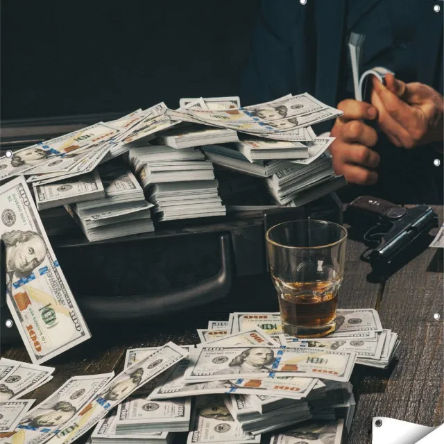 Gards Tuinposter Dollar Geld Briefjes op Tafel van de Maffia - 120x120 cm - Tuindoek - Tuindecoratie - Wanddecoratie buiten - Tuinschilderij Multikleur