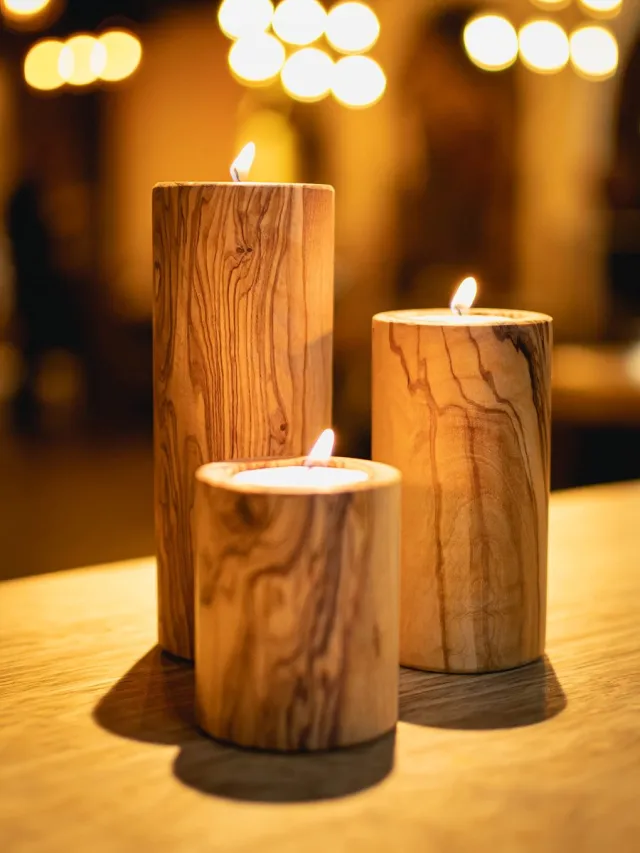 Unyqoos ® Handgemaakte Olijfhouten Kandelaars Set van 3 voor Romantische en Feestelijke Decoratie bruin