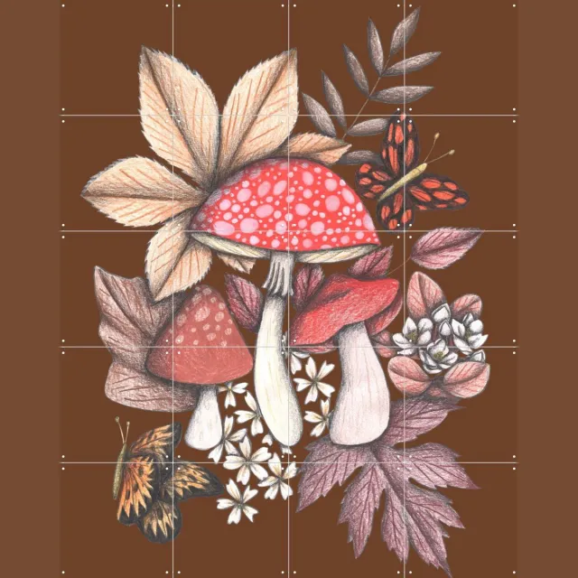 IXXI Mushrooms Magic 1, Cecilia Battaini - 80 x 100 cm - Grote wanddecoratie en posters - Illustraties, Fantasierijk, Art Nouveau, Vintage, Speels Bruin / Rood