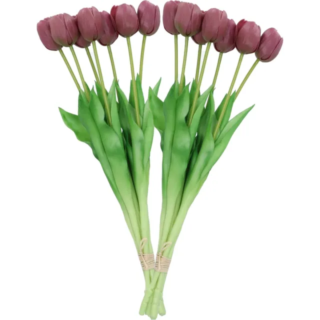DK design Kunst tulpen boeket - 14x stuks - aubergine paars - real touch - 43 cm - levensechte kunstbloemen