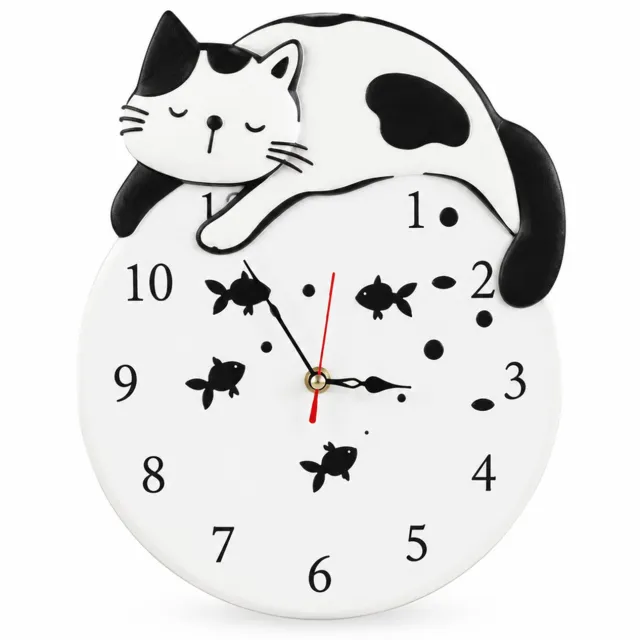 SWGOTA Acryl wandklok kat en goudvis, 30 x 24 cm, zwart-wit met cijfers en wijzers, decoratie voor woonkamer en slaapkamer