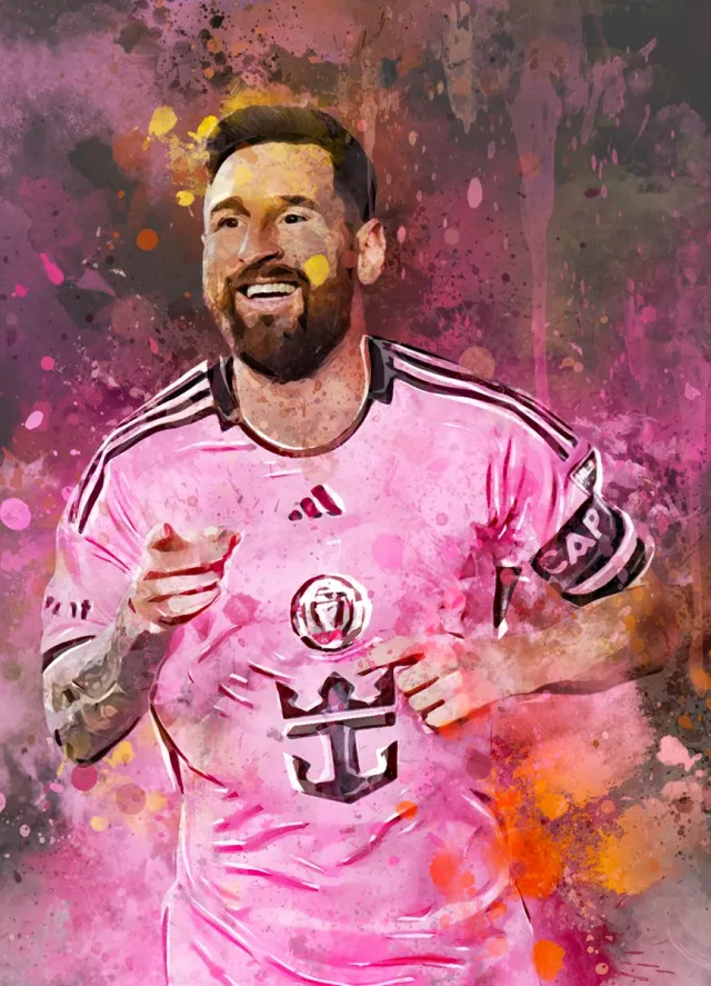 Wallofprints Messi Voetbalposter A0 formaat - Lionel Messi poster - 84.1 x 118.9 cm - Unieke waterverfstijl poster van Lionel Messi in het Argentijnse tenue Donkergrijze achtergrondkleur